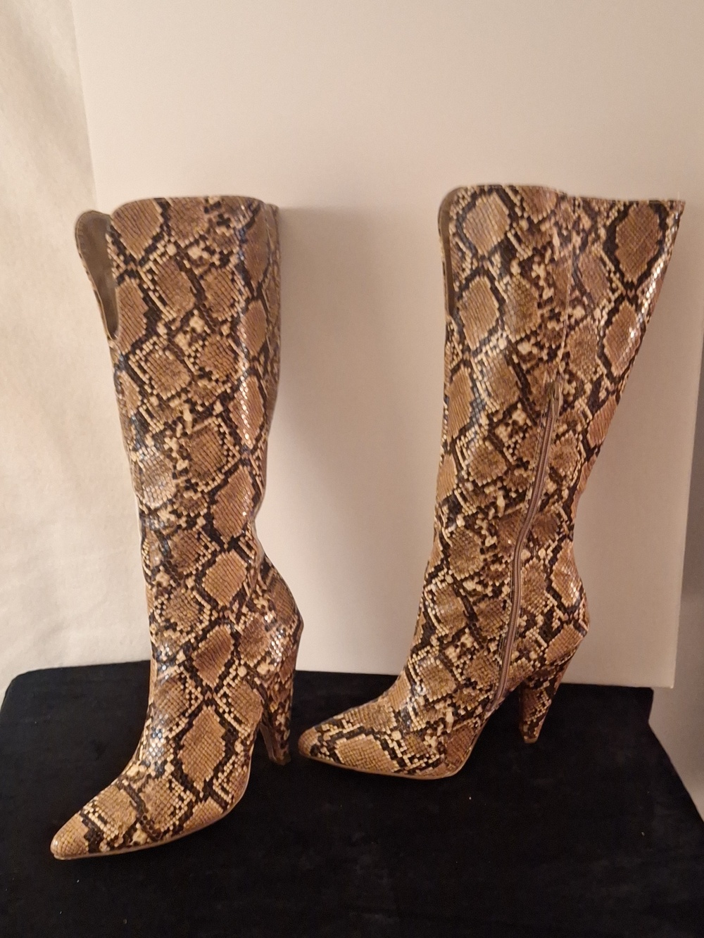 LARA Snake-Print Knee Pointed Toe Boots - Brown & Black